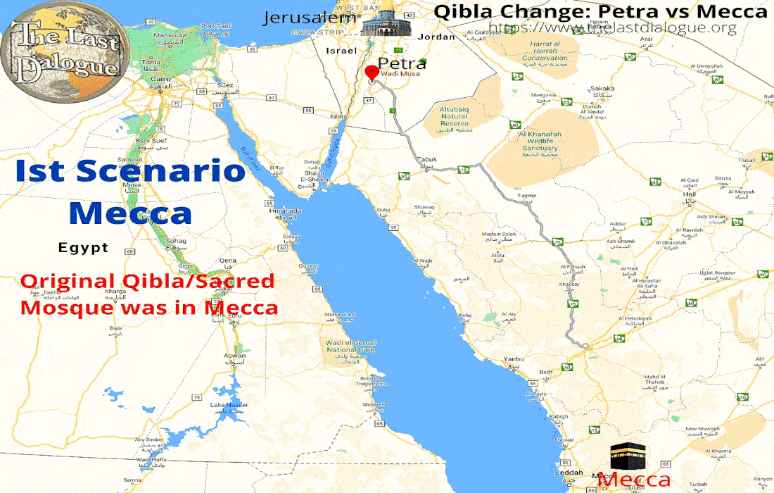 Qibla Change Animation showing Qibla Change Scenarios