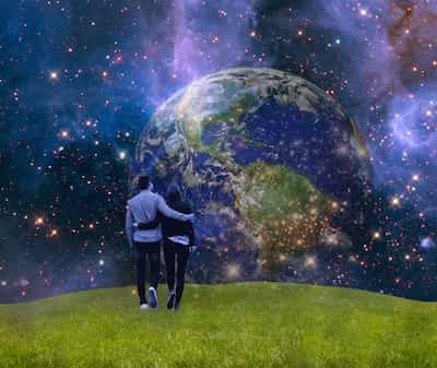 Man & woman looking at Earth from a heavenly garden