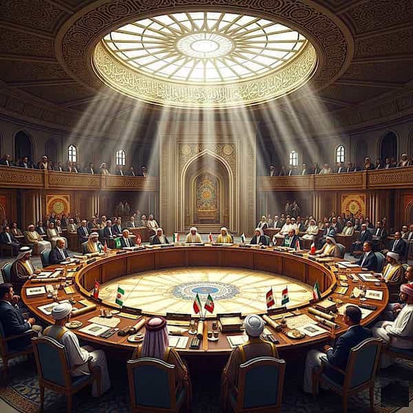An image of Muslim scholars and leaders sitting together around a round table