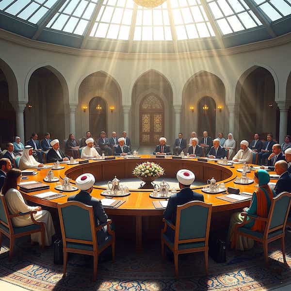 An image of Muslim scholars and leaders sitting together around a round table