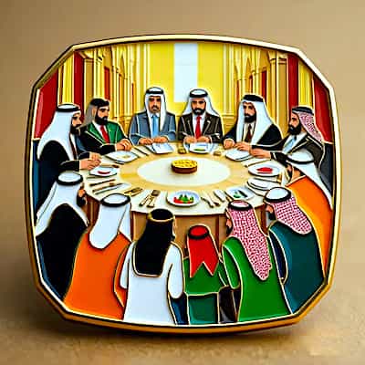 An Art piece depicting Muslim scholars and leaders sitting together