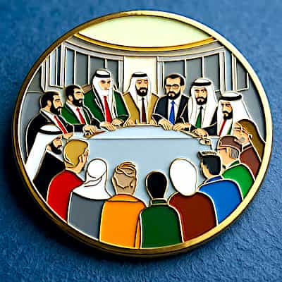 An Art piece depicting Muslim scholars and leaders sitting together