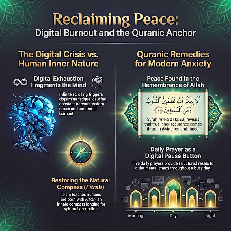 Gen Z is Turning to Faith 5 Infographic showing Quran's remedies for this modern digital era's burn out
