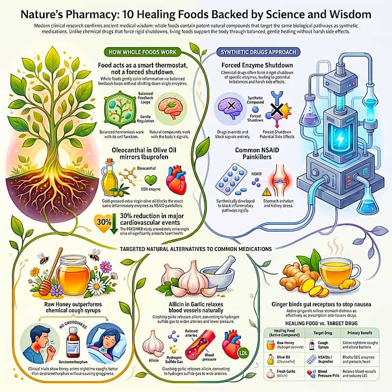 Infographics showing detailed chart of Quranic foods for healing & Cure