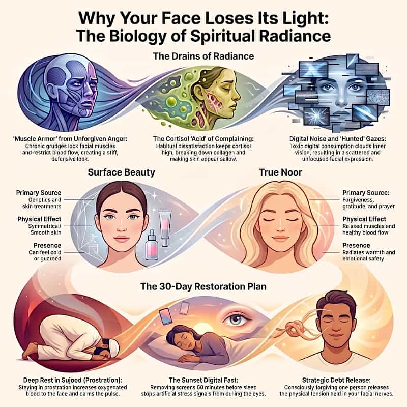 The Biology of Spiritual Radiance Infographic showing Causes of Aging and 30 days restoration plan