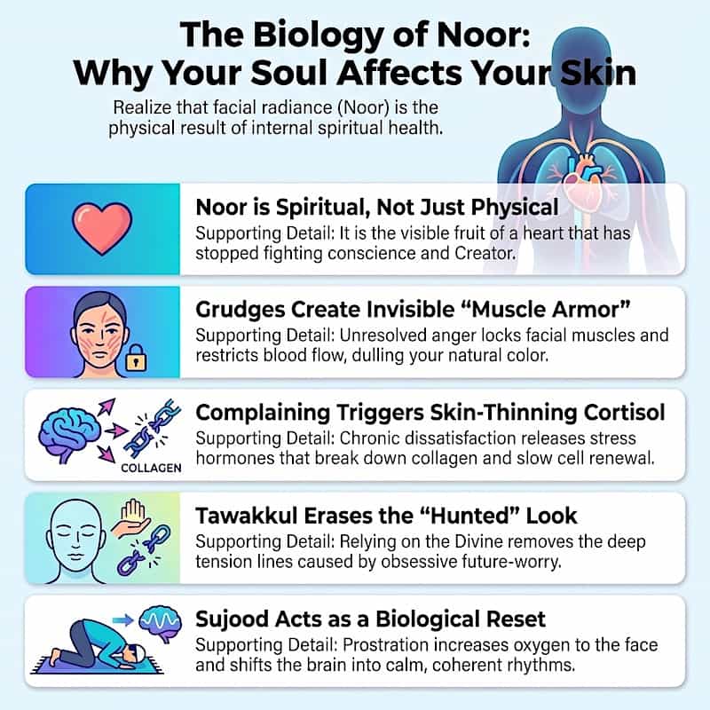 Why your soul affects your skin 5 Rows of Infographics showing biology of Noor